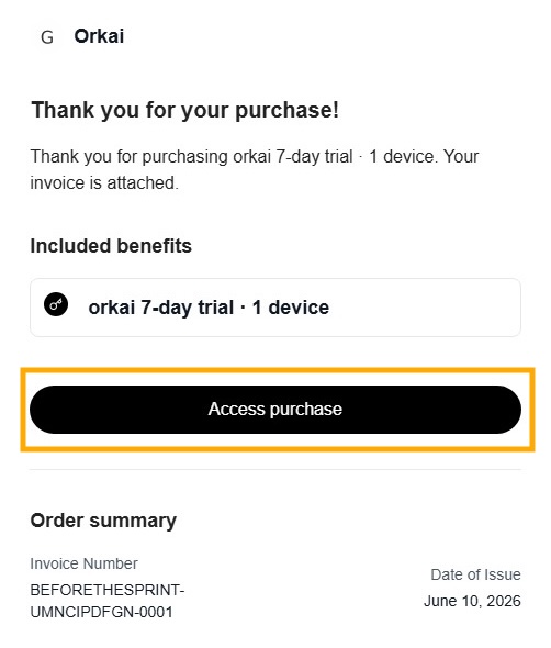 Polar receipt email with the 'Access Purchase' button highlighted. The license key is not shown in the email itself.
