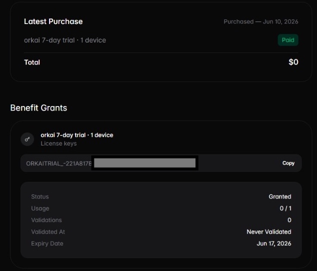 Polar dashboard page showing the license key after clicking Access Purchase.